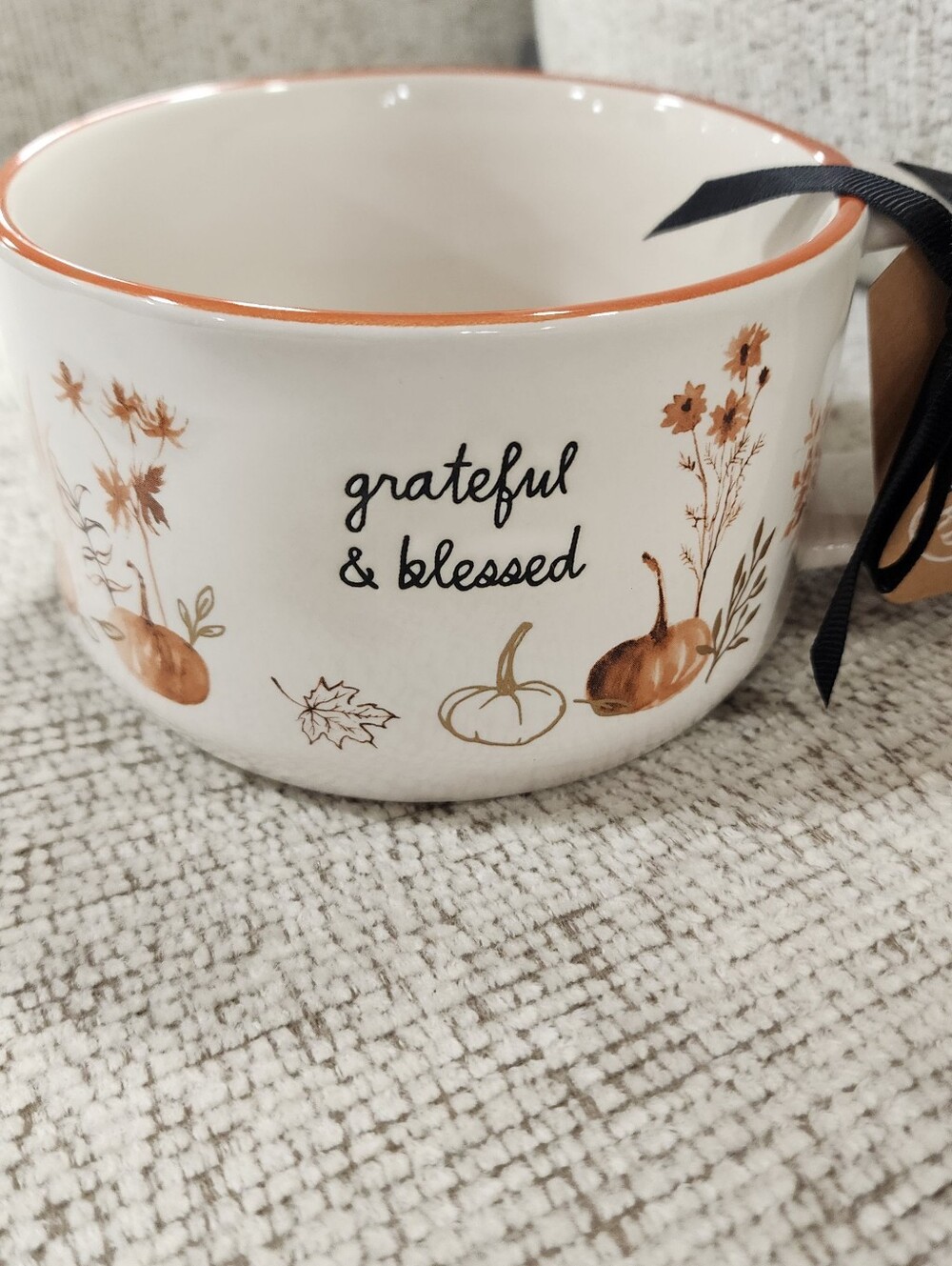 Rae Dunn Grateful & Blessed Ceramic Mug/Soup Bowl - White with Orange Accent